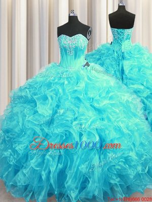 High Quality Organza Sleeveless 15th Birthday Dress Brush Train and Beading and Ruffles