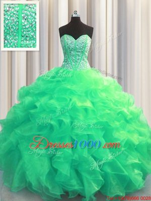 High Quality Visible Boning Turquoise Lace Up Sweetheart Beading and Ruffles 15 Quinceanera Dress Organza Sleeveless
