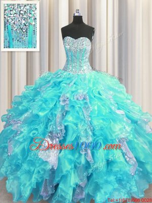 Visible Boning Sleeveless Organza and Sequined Floor Length Lace Up Quinceanera Dresses in Aqua Blue for with Beading and Ruffles and Sequins