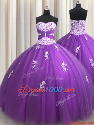 Stunning Floor Length Lace Up Quinceanera Gown Purple and In for Military Ball and Sweet 16 and Quinceanera with Beading and Appliques