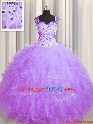Dramatic See Through Zipper Up Sleeveless Zipper Floor Length Beading and Ruffles Sweet 16 Dresses