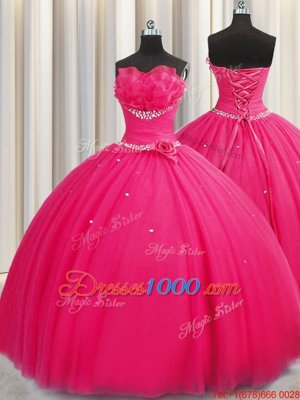 Fashionable Handcrafted Flower Hot Pink Sleeveless Floor Length Beading and Sequins and Hand Made Flower Lace Up Sweet 16 Dress