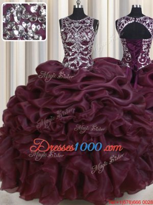 See Through Burgundy Scoop Neckline Beading and Pick Ups Quinceanera Dresses Sleeveless Lace Up
