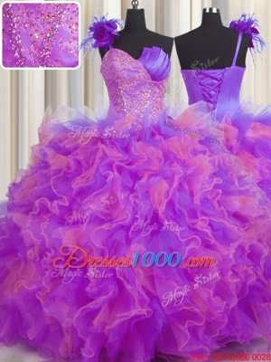 One Shoulder Handcrafted Flower Multi-color Lace Up Vestidos de Quinceanera Beading and Ruffles and Hand Made Flower Sleeveless Floor Length