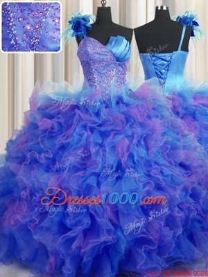 Elegant Handcrafted Flower One Shoulder Sleeveless Sweet 16 Quinceanera Dress Floor Length Beading and Ruffles and Hand Made Flower Multi-color Tulle