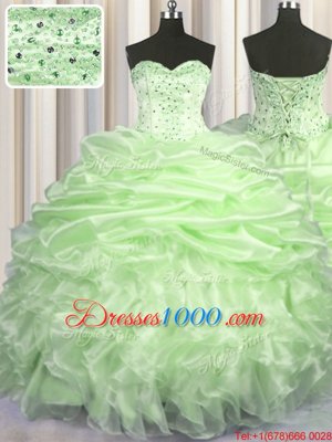 Pick Ups Yellow Green Sleeveless Organza Brush Train Lace Up Sweet 16 Dress for Military Ball and Sweet 16 and Quinceanera