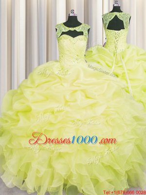 Dramatic Yellow Organza Lace Up Scoop Sleeveless Floor Length Ball Gown Prom Dress Beading and Pick Ups