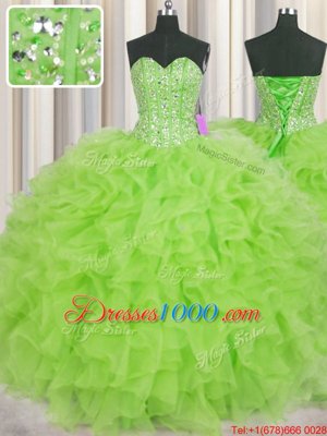 Visible Boning Ball Gowns Organza Sweetheart Sleeveless Beading and Ruffles Floor Length Lace Up Quinceanera Gown