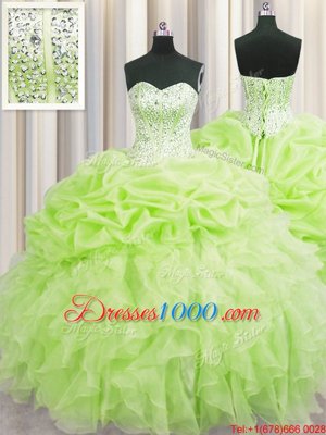 Modern Visible Boning Sleeveless Lace Up Floor Length Beading and Ruffles and Pick Ups Sweet 16 Dresses