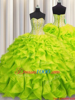 Glorious Visible Boning Sweetheart Sleeveless Lace Up Sweet 16 Dress Yellow Green Organza