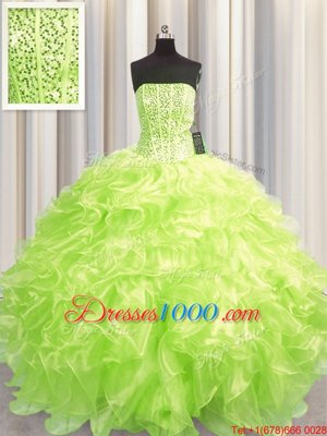 Glorious Visible Boning Floor Length Lace Up Quinceanera Gown Yellow Green and In for Military Ball and Sweet 16 and Quinceanera with Beading and Ruffles