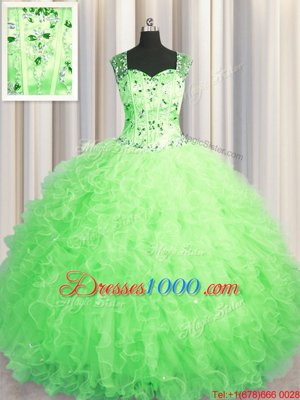 High Class See Through Zipper Up Straps Sleeveless Tulle Sweet 16 Dresses Beading and Ruffles Zipper