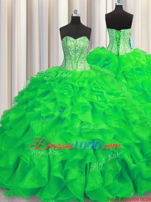 Top Selling Visible Boning Green Sleeveless Brush Train Beading and Ruffles Quinceanera Gown