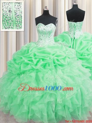 Pick Ups Visible Boning Ball Gowns Quinceanera Dress Apple Green Sweetheart Organza Sleeveless Floor Length Lace Up