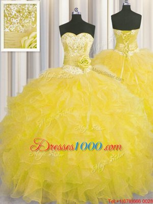 Cheap Handcrafted Flower Sweetheart Sleeveless Lace Up Quinceanera Gown Gold Organza