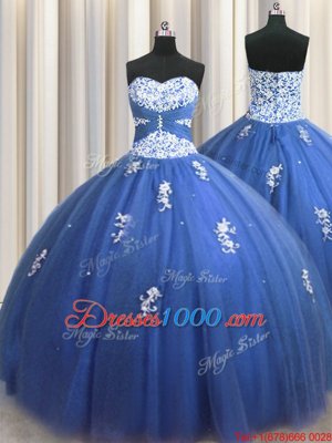 Royal Blue Lace Up Sweet 16 Dress Beading and Appliques Sleeveless Floor Length