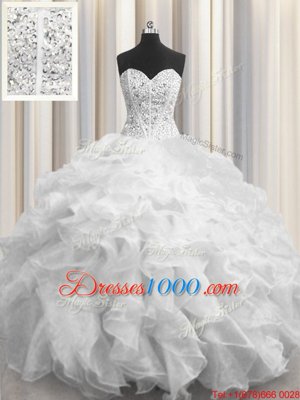 Comfortable Visible Boning White Organza Lace Up Sweetheart Sleeveless Floor Length Quinceanera Dress Beading and Ruffles