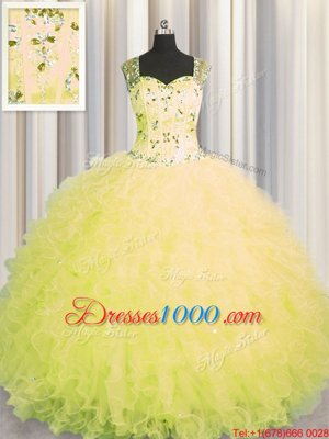 See Through Zipper Up Sleeveless Tulle Floor Length Zipper Quinceanera Gowns in Yellow for with Beading and Ruffles