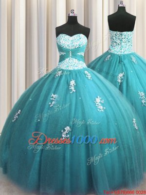 Top Selling Teal Halter Top Lace Up Beading and Appliques Quinceanera Dress Sleeveless