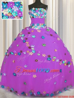 Fitting Purple Ball Gowns Hand Made Flower 15th Birthday Dress Lace Up Tulle Sleeveless Floor Length