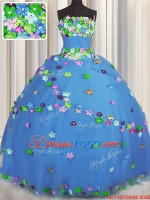 Cute Sleeveless Floor Length Hand Made Flower Lace Up Sweet 16 Dress with Blue