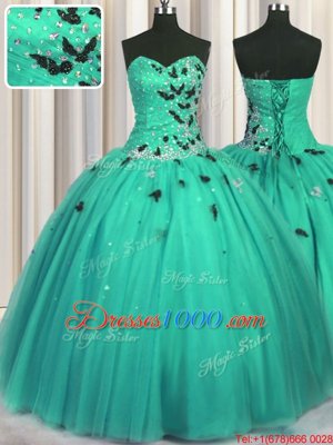 Floor Length Turquoise Ball Gown Prom Dress Sweetheart Sleeveless Lace Up