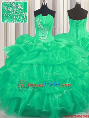 Low Price Pick Ups Ruffled Ball Gowns Quinceanera Dress Turquoise Strapless Organza Sleeveless Floor Length Lace Up