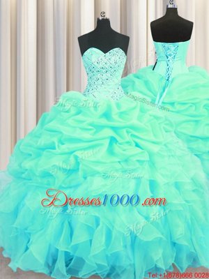 Pretty Organza Sleeveless Floor Length Ball Gown Prom Dress and Beading and Ruffles and Pick Ups
