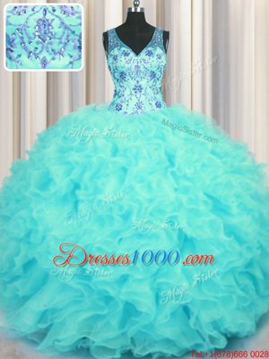 Ideal V Neck Beading and Appliques and Ruffles Sweet 16 Dresses Aqua Blue Zipper Sleeveless Floor Length