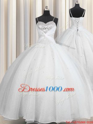 White Vestidos de Quinceanera Military Ball and Sweet 16 and Quinceanera and For with Beading and Ruching Spaghetti Straps Sleeveless Lace Up