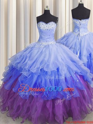 Cute Floor Length Multi-color 15th Birthday Dress Organza Sleeveless Beading and Ruffles and Ruffled Layers and Sequins