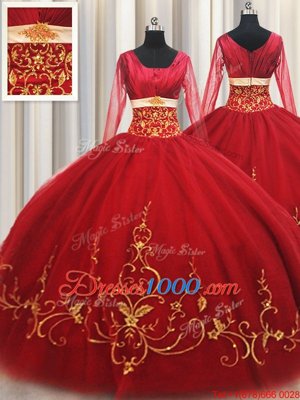 Free and Easy Red Zipper Square Beading and Embroidery Quinceanera Dresses Tulle Long Sleeves