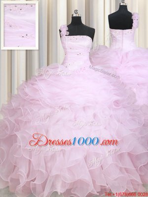 Admirable Baby Pink Ball Gowns One Shoulder Sleeveless Organza Floor Length Zipper Beading and Ruffles Sweet 16 Quinceanera Dress
