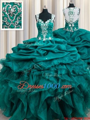 Pretty Straps Straps Teal Sleeveless Beading and Ruffles and Pick Ups Floor Length Sweet 16 Dress