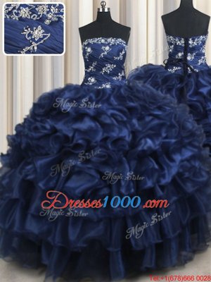 Beauteous Floor Length Lace Up Quinceanera Dress Navy Blue and In for Military Ball and Sweet 16 and Quinceanera with Appliques and Ruffles and Pick Ups