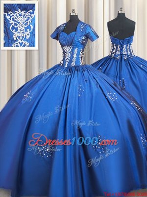 High End Blue Quinceanera Gowns Military Ball and Sweet 16 and Quinceanera and For with Beading and Appliques Sweetheart Short Sleeves Lace Up