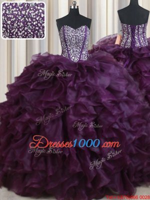 Beautiful Dark Purple Lace Up Sweetheart Beading and Ruffles Vestidos de Quinceanera Organza Sleeveless