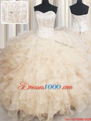 Champagne Ball Gowns Sweetheart Sleeveless Organza Floor Length Lace Up Beading and Ruffles Sweet 16 Dresses