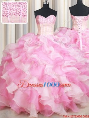 Sweetheart Sleeveless Lace Up Sweet 16 Quinceanera Dress Pink And White Organza