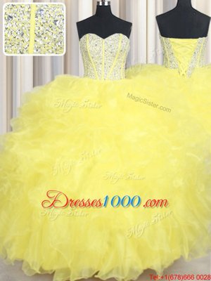 Yellow Sleeveless Floor Length Beading and Ruffles Lace Up Quinceanera Dresses