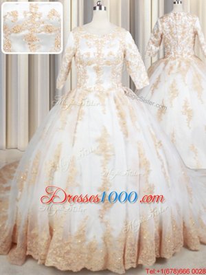 Eye-catching White Tulle Zipper Scoop Half Sleeves Quinceanera Gown Court Train Beading and Lace and Appliques