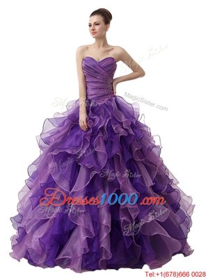Purple Sleeveless Organza Lace Up Quinceanera Gowns for Military Ball and Sweet 16 and Quinceanera