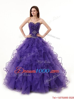 Purple Lace Up Sweet 16 Quinceanera Dress Beading and Ruffles Sleeveless Floor Length