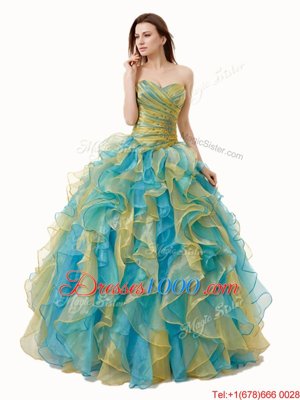 On Sale Floor Length Lace Up Quince Ball Gowns Multi-color and In for Military Ball and Sweet 16 and Quinceanera with Beading and Ruffles and Ruching