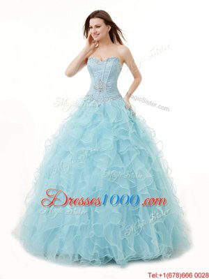 Light Blue Lace Up Sweetheart Beading and Ruffles Sweet 16 Dresses Organza Sleeveless