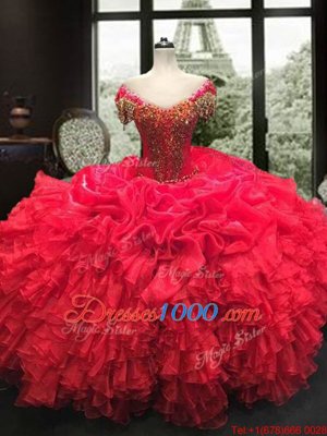 Deluxe Organza Cap Sleeves Floor Length Quince Ball Gowns and Beading and Ruffles