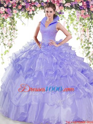 Modest Ruffled Floor Length Ball Gowns Sleeveless Lavender Quinceanera Dress Backless