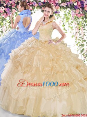 Backless Champagne Sleeveless Beading and Ruffled Layers Floor Length Sweet 16 Dress