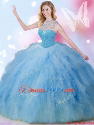 Exceptional Sequins Floor Length Blue Ball Gown Prom Dress High-neck Sleeveless Zipper