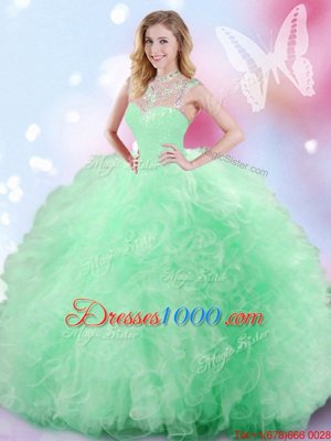 Fine Apple Green High-neck Neckline Beading and Ruffles and Sequins Sweet 16 Dress Sleeveless Zipper